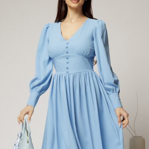 Rochie midi bleu din voal plin cu nasturi pe bust