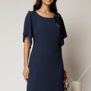 Rochie midi bleumarin de ocazie cu accesoriu floral detasabil si decolteu rotund