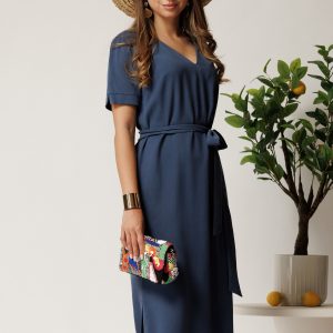 Rochie midi bleumarin din tencel cu croi drept si cordon in talie