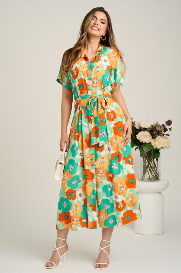 rochie-midi-cu-flori-verde-mint-si-orange-din-viscoza-in-clini-cu-nasturi-si-cordon-in-talie-1397623-1121257-4.jpeg Rochie midi cu flori verde mint si orange din viscoza in clini cu nasturi si cordon in talie