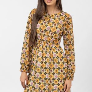 Rochie midi cu imprimeu floral galben sofran-verde olive