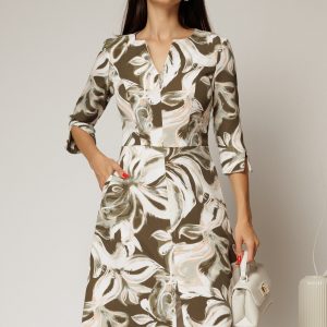 Rochie midi cu imprimeu floral in nuante de kaki si orange