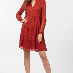 Rochie midi cu volane rosu-caramiziu si imprimeu floricele
