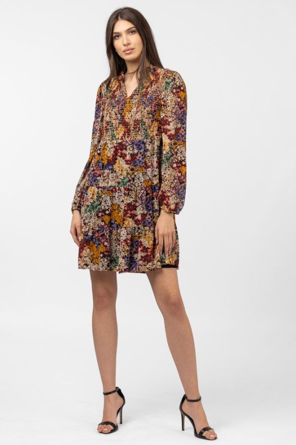 Rochie midi cu volane si imprimeu floral in nuante de toamna