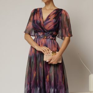 Rochie midi de ocazie din voal cu imprimeuri mov