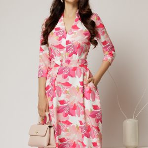 Rochie midi de zi ivoar cu imprimeuri fucsia cu buzunare