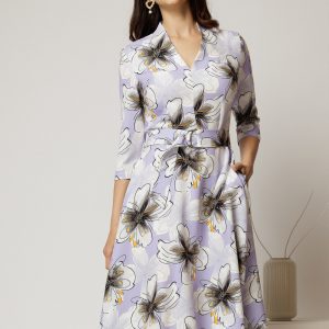 Rochie midi de zi lila cu imprimeuri ivoar cu buzunare