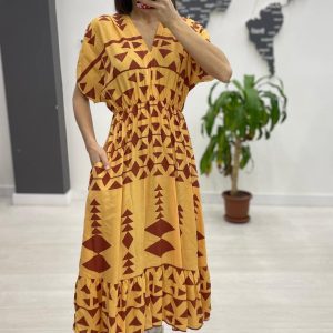 Rochie midi din bumbac, cu elastic in talie si imprimeu ciocolatiu pe fond galben