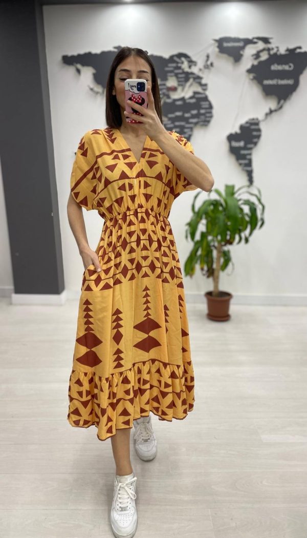 Rochie midi din bumbac, cu elastic in talie si imprimeu ciocolatiu pe fond galben