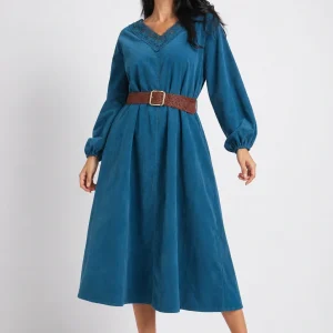 Rochie midi din catifea reiata de bumbac cu dantela si curea, turcoaz