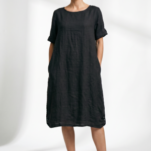 Rochie midi din in cu croiala lejera si prinderi laterale, neagra