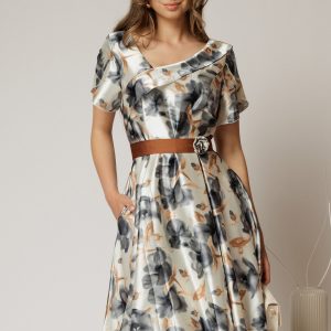 Rochie midi din satin cu imprimeuri gri si maro