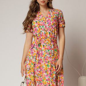 Rochie midi din viscoza cu imprimeu floral roz oranj