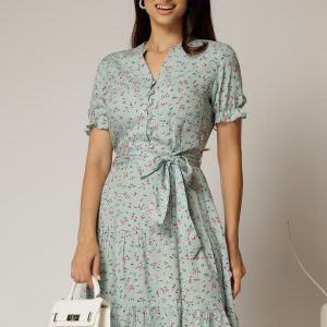 Rochie midi din viscoza verde mint cu imprimeuri de vara