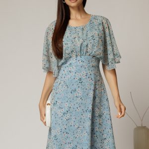 Rochie midi din voal bleu cu imprimeuri cu maneci scurte lejere