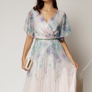 Rochie midi eleganta cu imprimeuri vernil cu fusta clos plisata