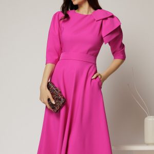 Rochie midi fucsia clos cu funda ampla pe umar si cordon detasabil