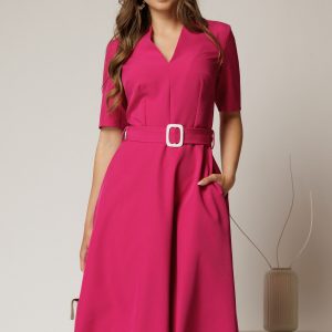 Rochie midi fucsia cu decolteu in V si cordon cu catarama in talie