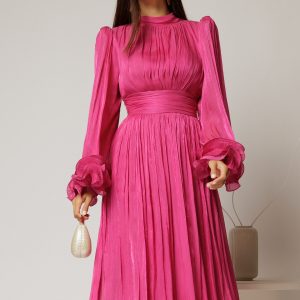 Rochie midi fucsia de ocazie din voal peliculizat cu maneci ample cu volanase