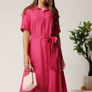 Rochie midi fucsia din bumbac in clos cu cordon in talie