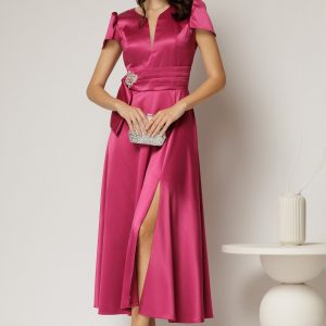 Rochie midi fucsia din satin cu aplicatie in talie si decolteu adanc