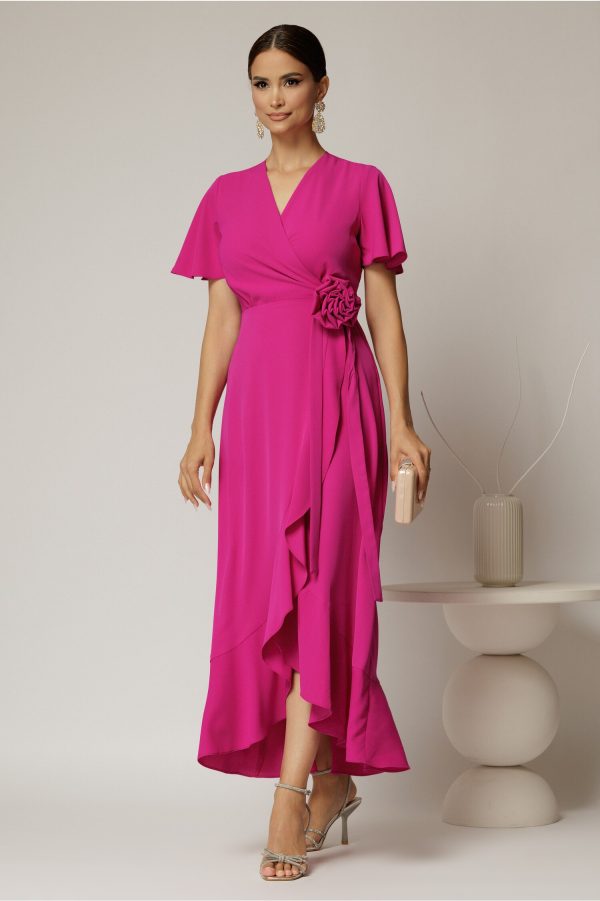 Rochie midi fucsia din triplu voal cu croi petrecut