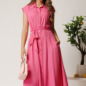 Rochie midi fucsia din viscoza cu nasturi si cordon