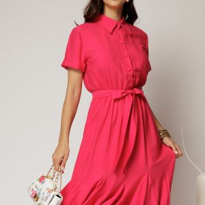 Rochie midi fucsia din viscoza in clos cu nasturi si cordon