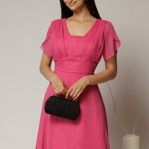 Rochie midi fucsia din voal cu buline si maneci scurte petrecute