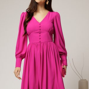 Rochie midi fucsia din voal plin cu nasturi pe bust
