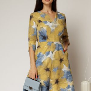 Rochie midi galben mustar cu imprimeu floral bleu