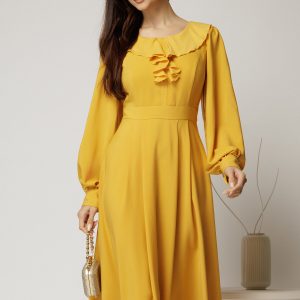 Rochie midi galben mustar din voal plin cu volanase la bust