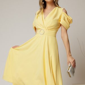 Rochie midi galbena din voal in clos cu decupaje la umeri si cordon in talie