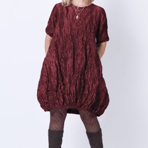 Rochie midi gogosar din tafta cu memorie, bordo metalizat