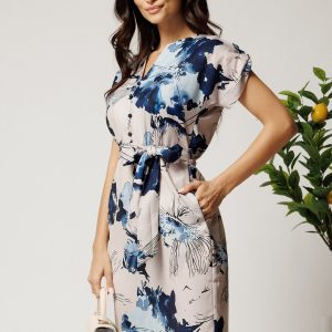 Rochie midi gri cu imprimeuri albastre si cordon in talie