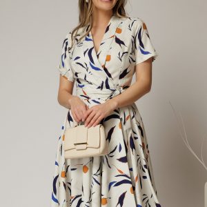 Rochie midi ivoar cu imprimeu cu aspect petrecut si cordon in talie