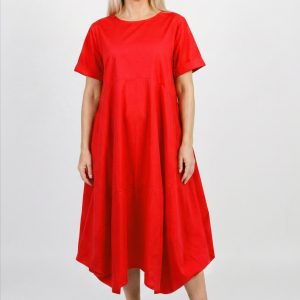 Rochie midi lejera oversize din bumbac, cu croi amplu si colturi, rosie