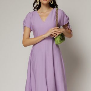 Rochie midi lila din viscoza cu decolteu V si snur la maneci