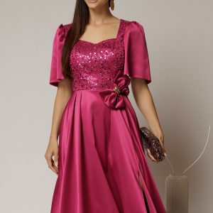 Rochie midi magenta din tafta si paiete cu funda ampla pe talie
