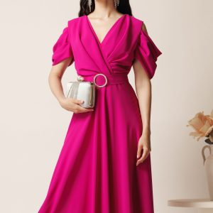 Rochie midi magenta din voal in clos cu decupaje la umeri si cordon in talie