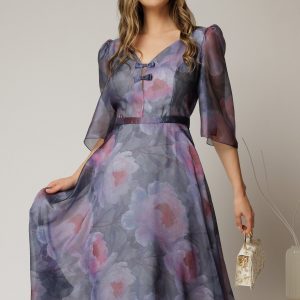 Rochie midi mov cu imprimeuri si fundite pe bust