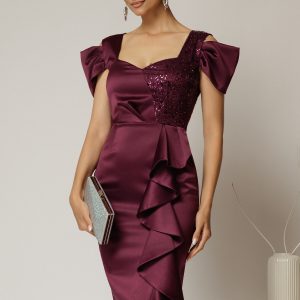 Rochie midi mov din tafta cu paiete si volanas pe fusta
