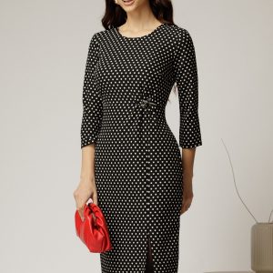 Rochie midi neagra cu buline albe si detaliu pe talie