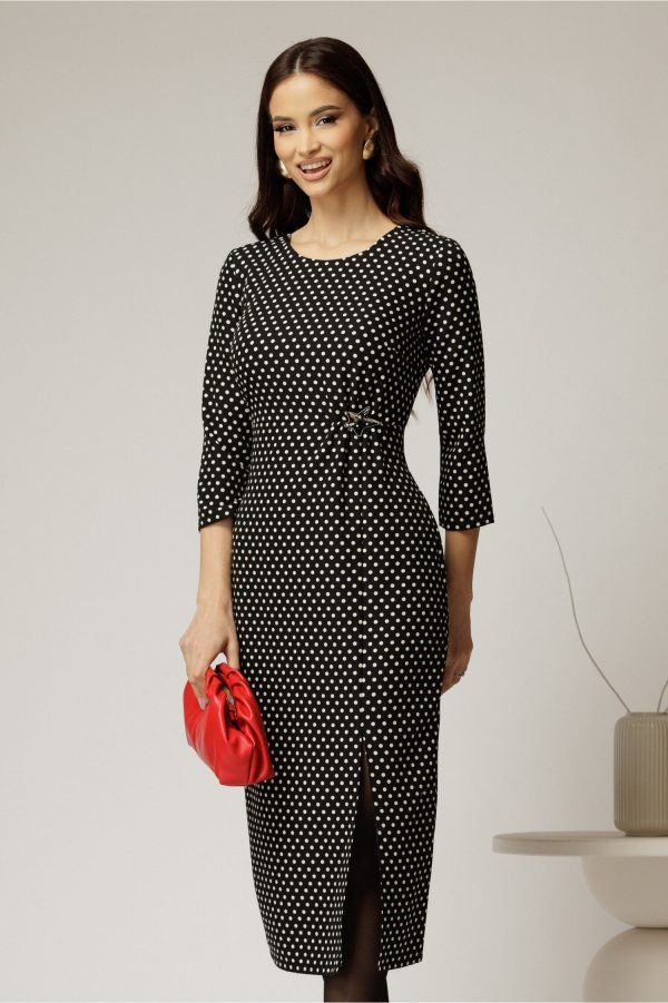 Rochie midi neagra cu buline albe si detaliu pe talie