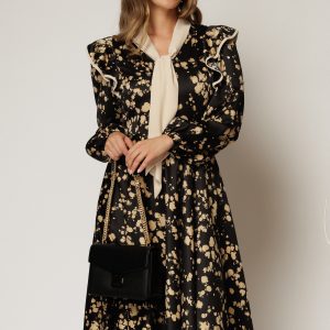 Rochie midi neagra cu imprimeuri bej si guler tip esarfa