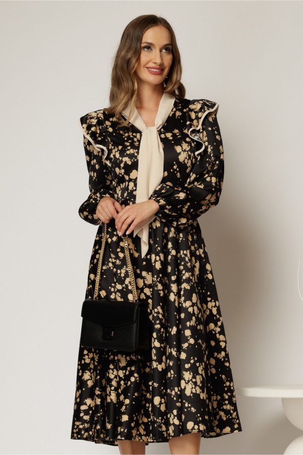 Rochie midi neagra cu imprimeuri bej si guler tip esarfa