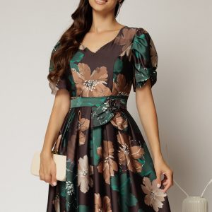 Rochie midi neagra cu imprimeuri verzi si bej din voal satinat si cordon detasabil
