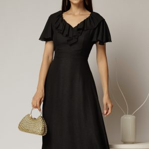 Rochie midi neagra cu sidef cu decolteu V si volanase la bust