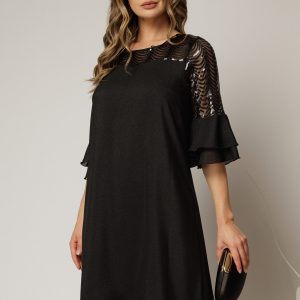 Rochie midi neagra cu sidef si paiete la bust