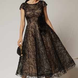 Rochie midi neagra de ocazie din dantela cu paiete si perle